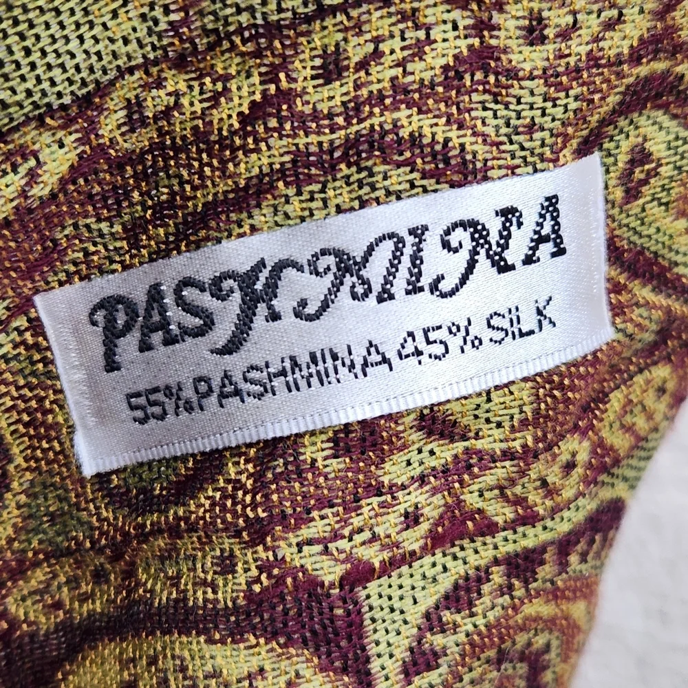 PASHMINA Scarf Paisley Green Tan Silk Fringe Shawl Wrap 26 x 70 - Picture 3 of 6